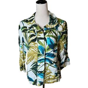 Chico’s Tropical Linen Jacket Size 1 | Lightweight Zip Up Resort Travel Layer